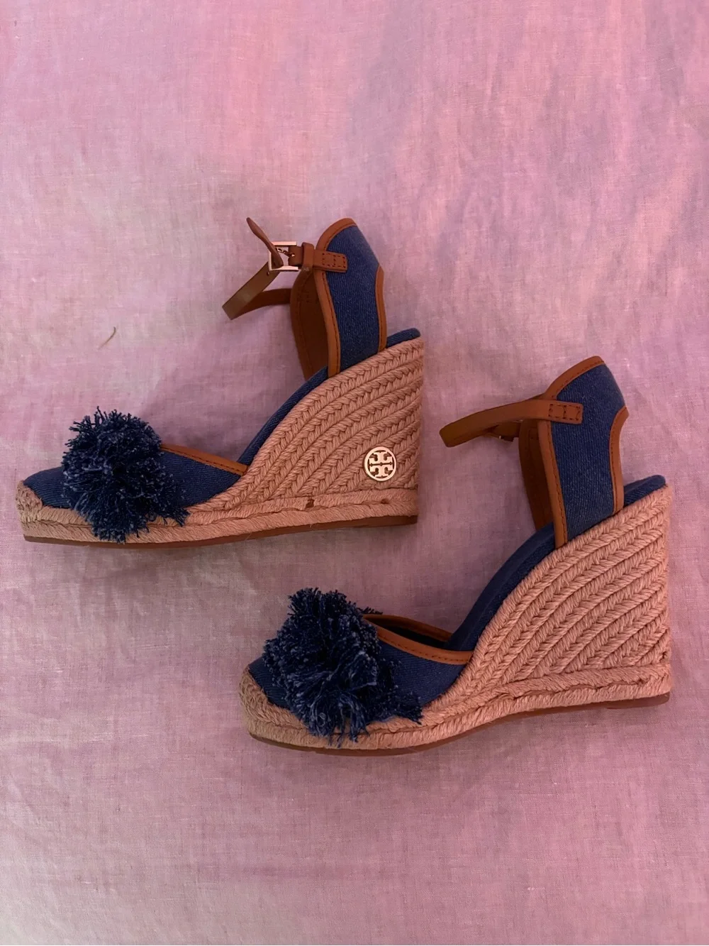 Tory Burch Navy Denim Espadrille Wedge Sandals with Pom Detail